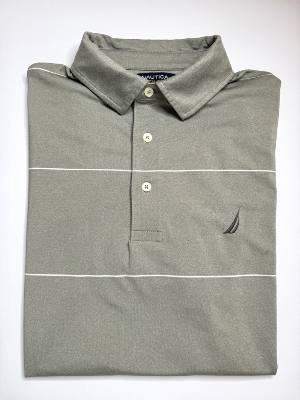 NAUTICA Men's Gray/Taupe Performance Polo with Thin White Stripes KC 5402